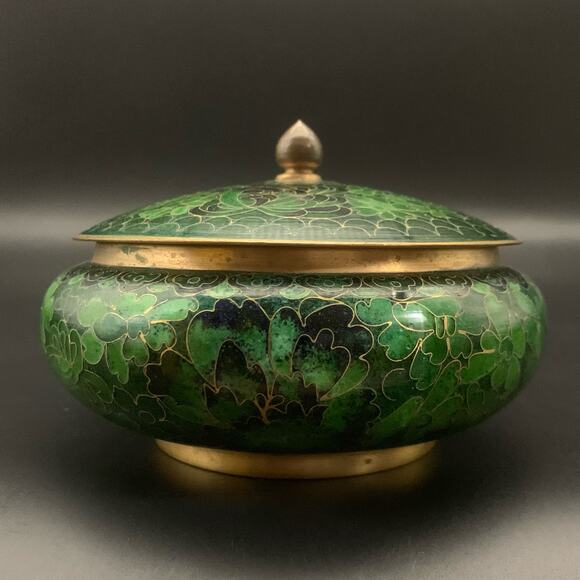 Antique Other - Chinese Cloisonne Bowl w/ Lid Enamel Over Brass Green Champleve Floral Leaf